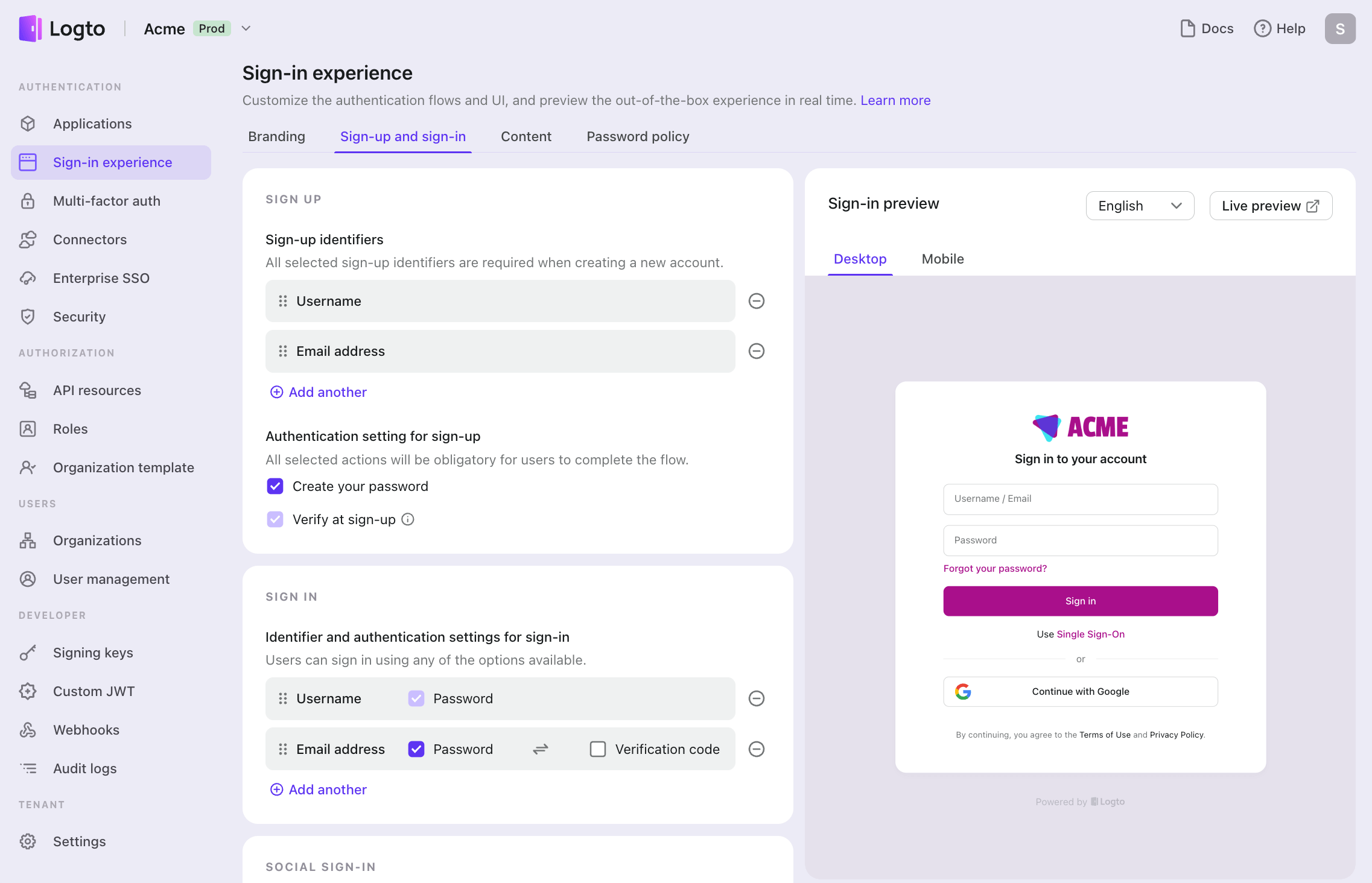 sign-up setting